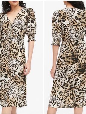 Banana Republic Leopard-Print V-Neck Midi Dress in Tan and Black